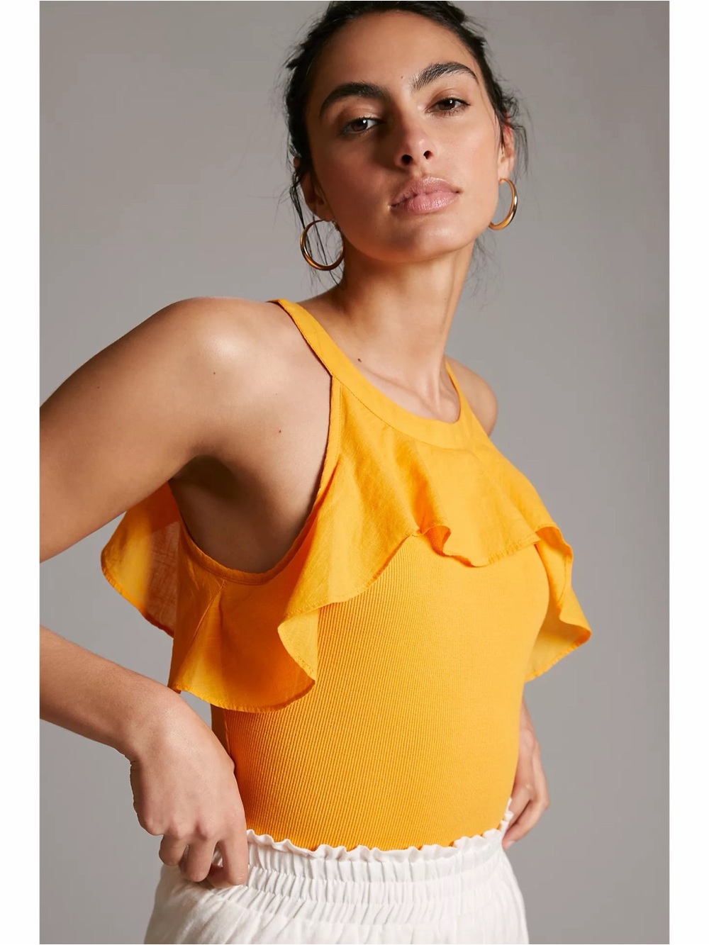 Anthropologie Maeve Orange Ruffled Rib Halter Tank Top Large